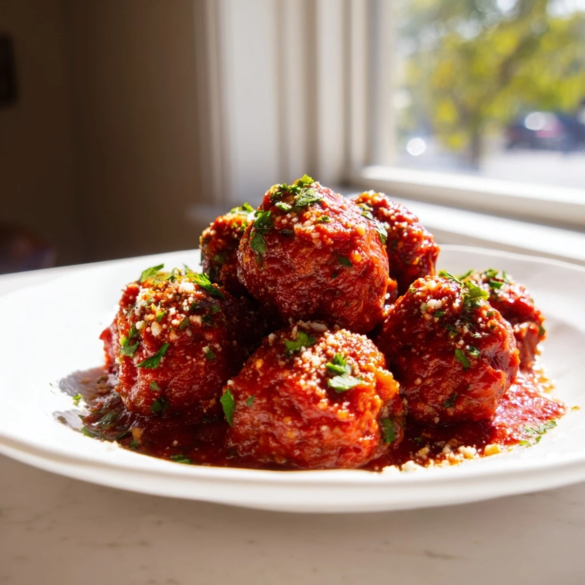 Tender turkey meatballs simmering in rich marinara sauce, served over steaming spaghetti with fresh basil garnish.