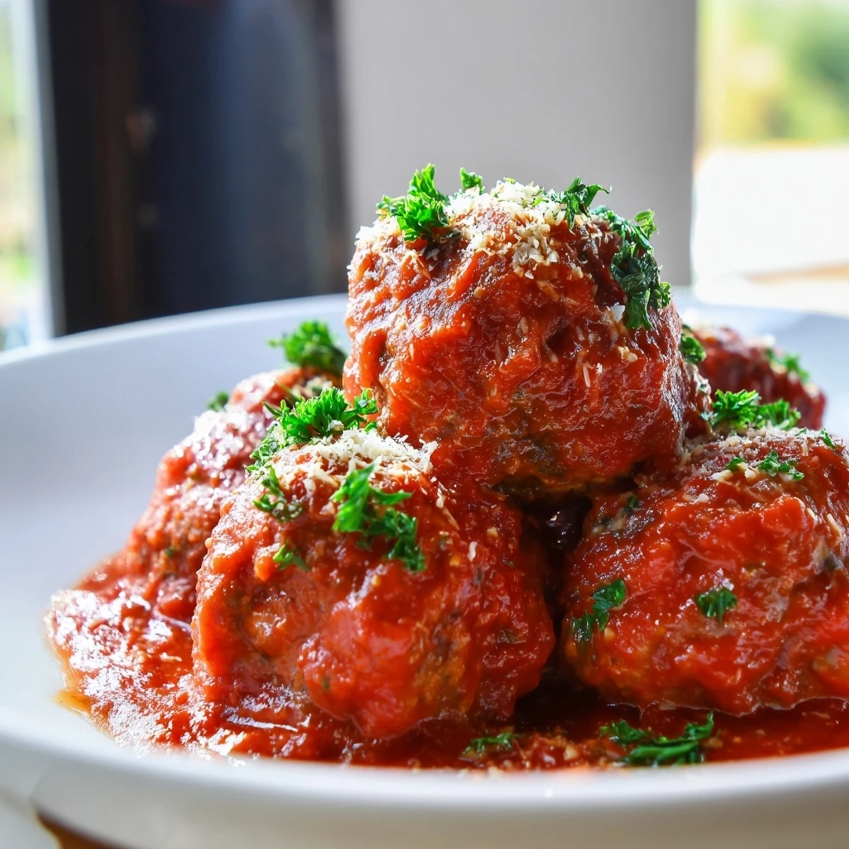A close-up view of golden-brown turkey meatballs nestled in a hearty, chunky marinara sauce in a skillet.