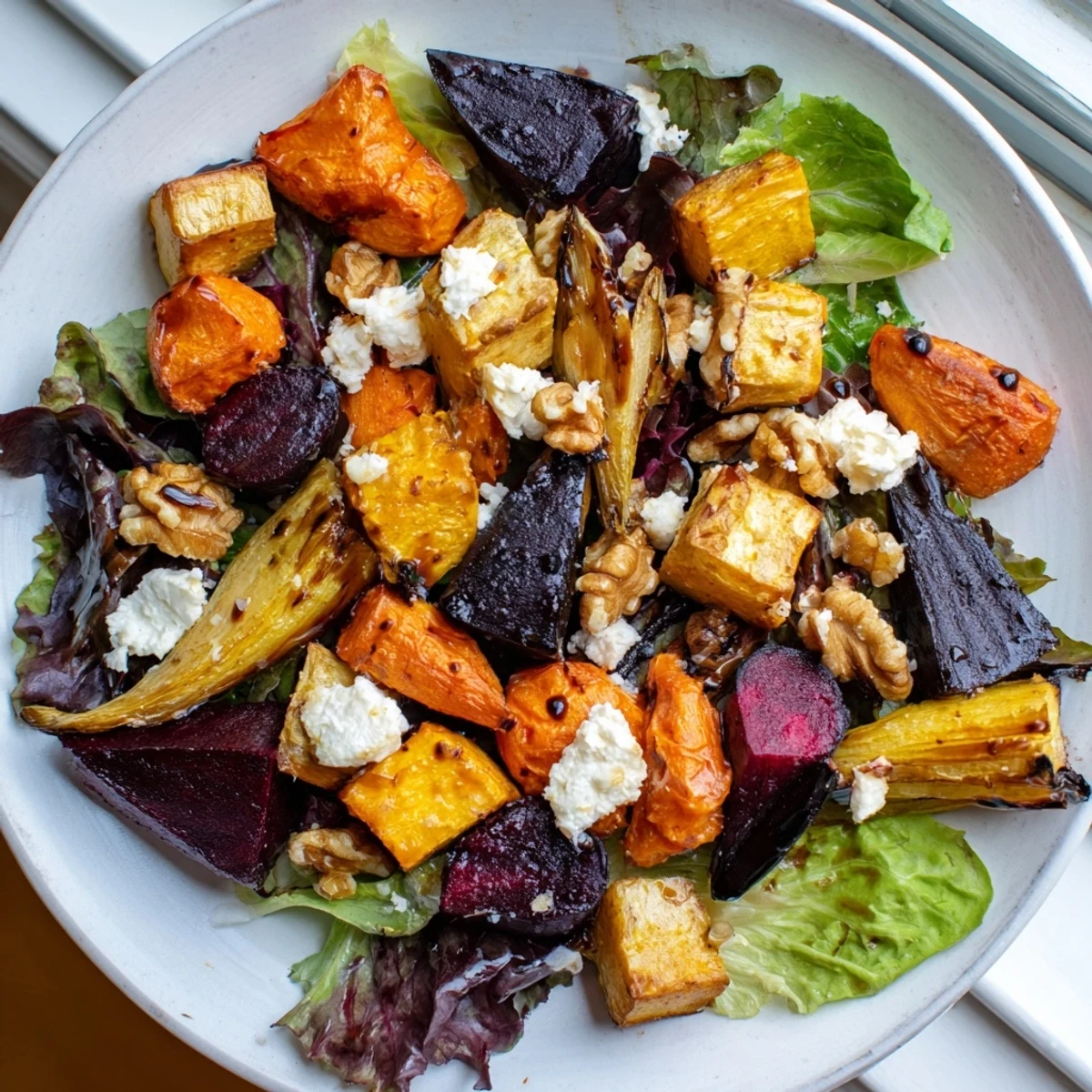 Roasted root vegetable salad with caramelized carrots, parsnips, and sweet potatoes on fresh greens.  