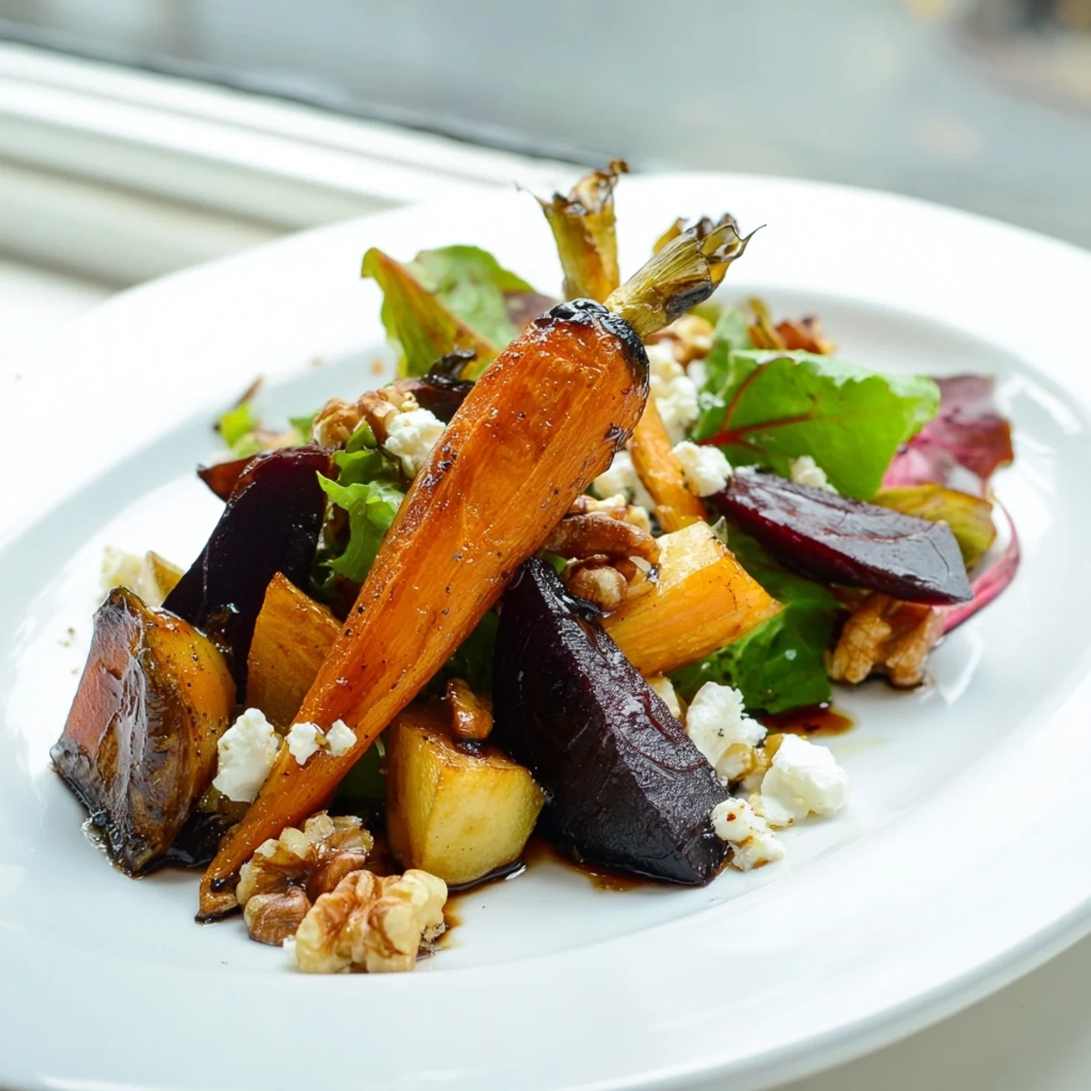 A vibrant bowl of roasted root vegetable salad with goat cheese and toasted walnuts on a wood table.  