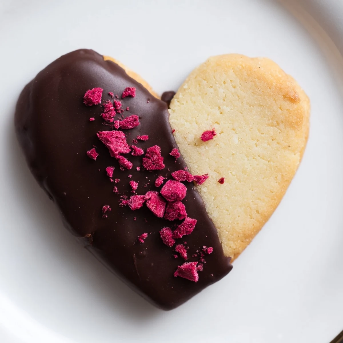 A close-up view of Chocolate Dipped Shortbread Hearts with rich dark chocolate and raspberries.