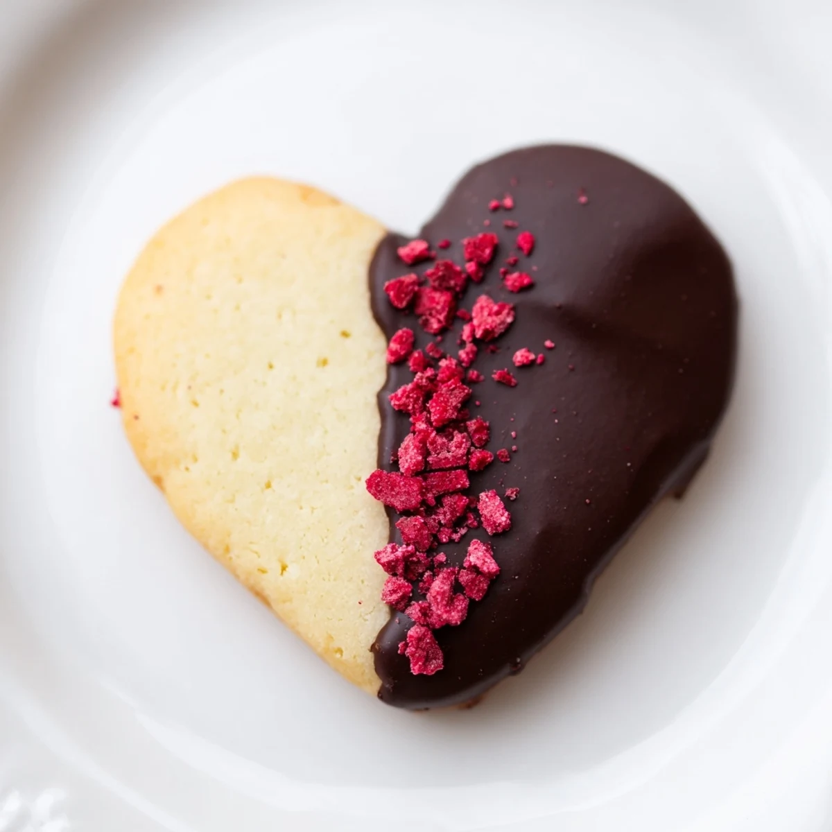Golden-brown Chocolate Dipped Shortbread Hearts on a white plate with sea salt flakes.