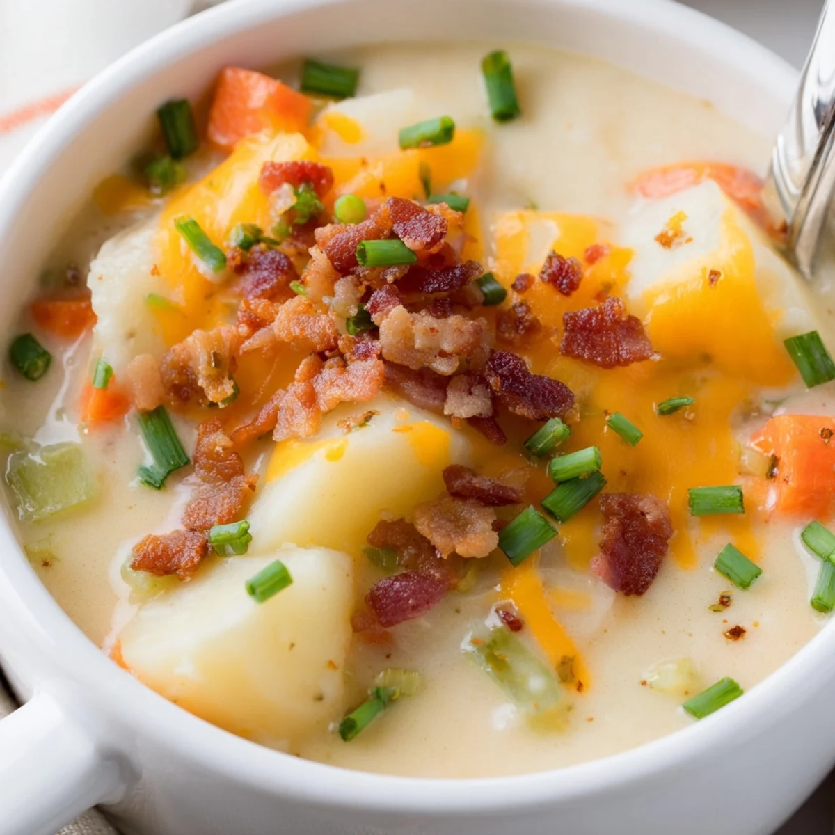 Irish Cheddar Potato Soup served in a rustic bowl, topped with crumbled bacon and a swirl of heavy cream.  