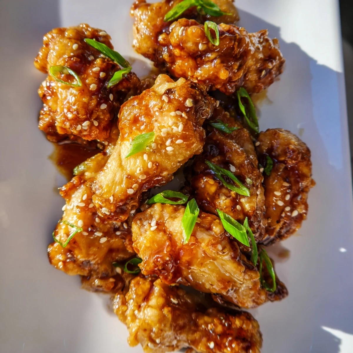 Golden-brown Big Game Sticky Honey Garlic Wings glistening with a glossy, sticky glaze, garnished with fresh green scallions and toasted sesame seeds, ready for game day snacking.