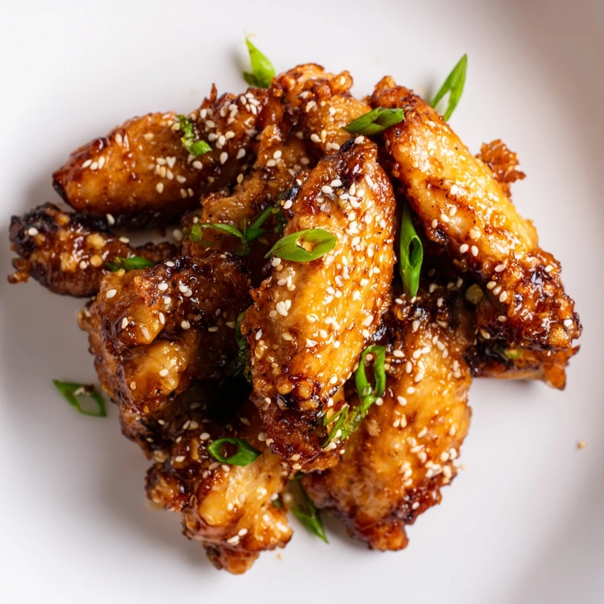 Close-up of tender, juicy Big Game Sticky Honey Garlic Wings tossed in a thick amber glaze, showing crispy skin and garnish, served hot and ready to eat.
