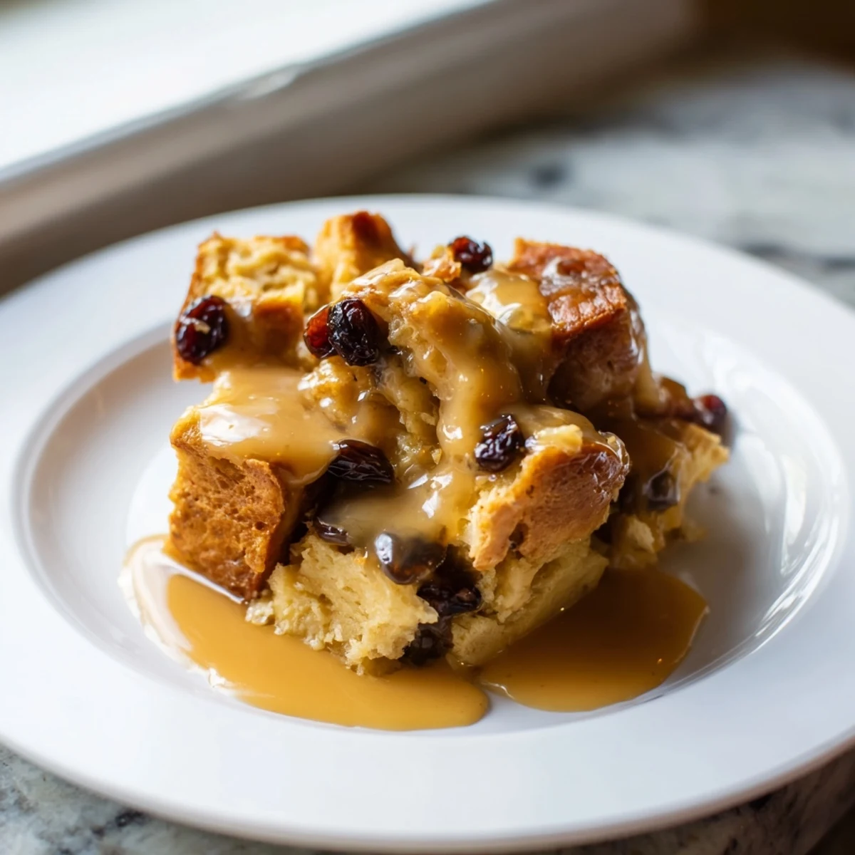 Warm, custardy New Orleans bread pudding studded with raisins, finished with a drizzle of rich bourbon sauce.