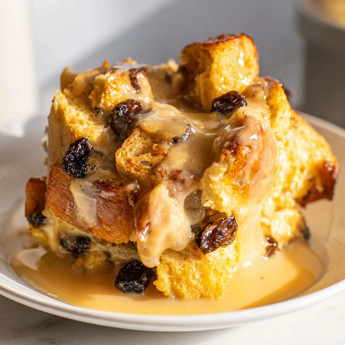 Freshly baked New Orleans bread pudding, golden brown and caramelized, served warm with a sweet bourbon sauce.