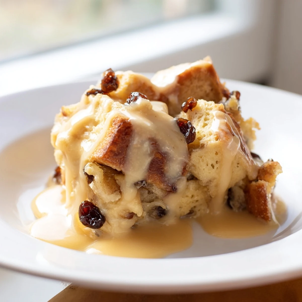 Southern-style New Orleans bread pudding with raisins, spooned into a bowl and generously topped with velvety bourbon sauce.