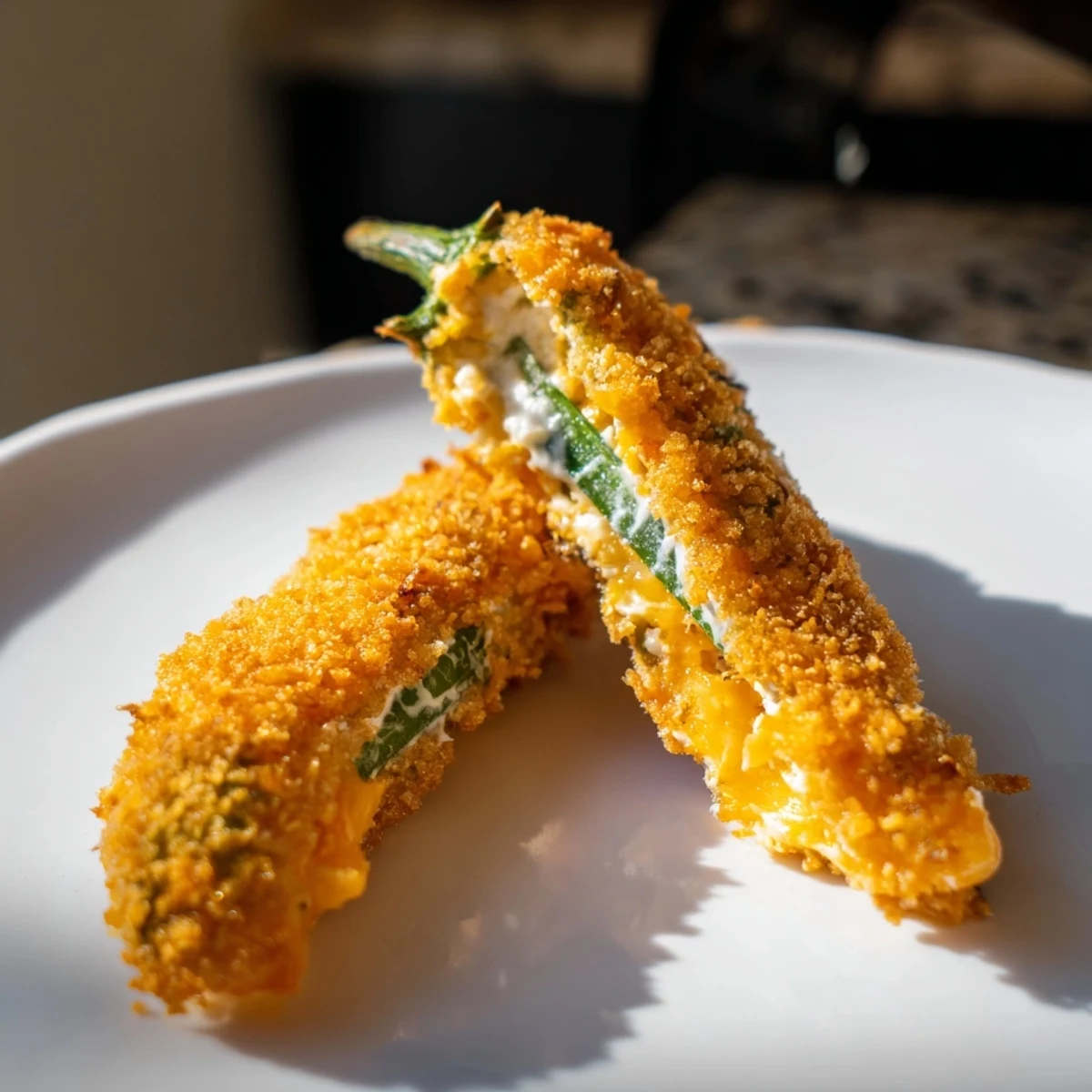 Golden, crispy Spicy Jalapeño Poppers with Cream Cheese, stacked on a plate next to a small ramekin of ranch dipping sauce.  
