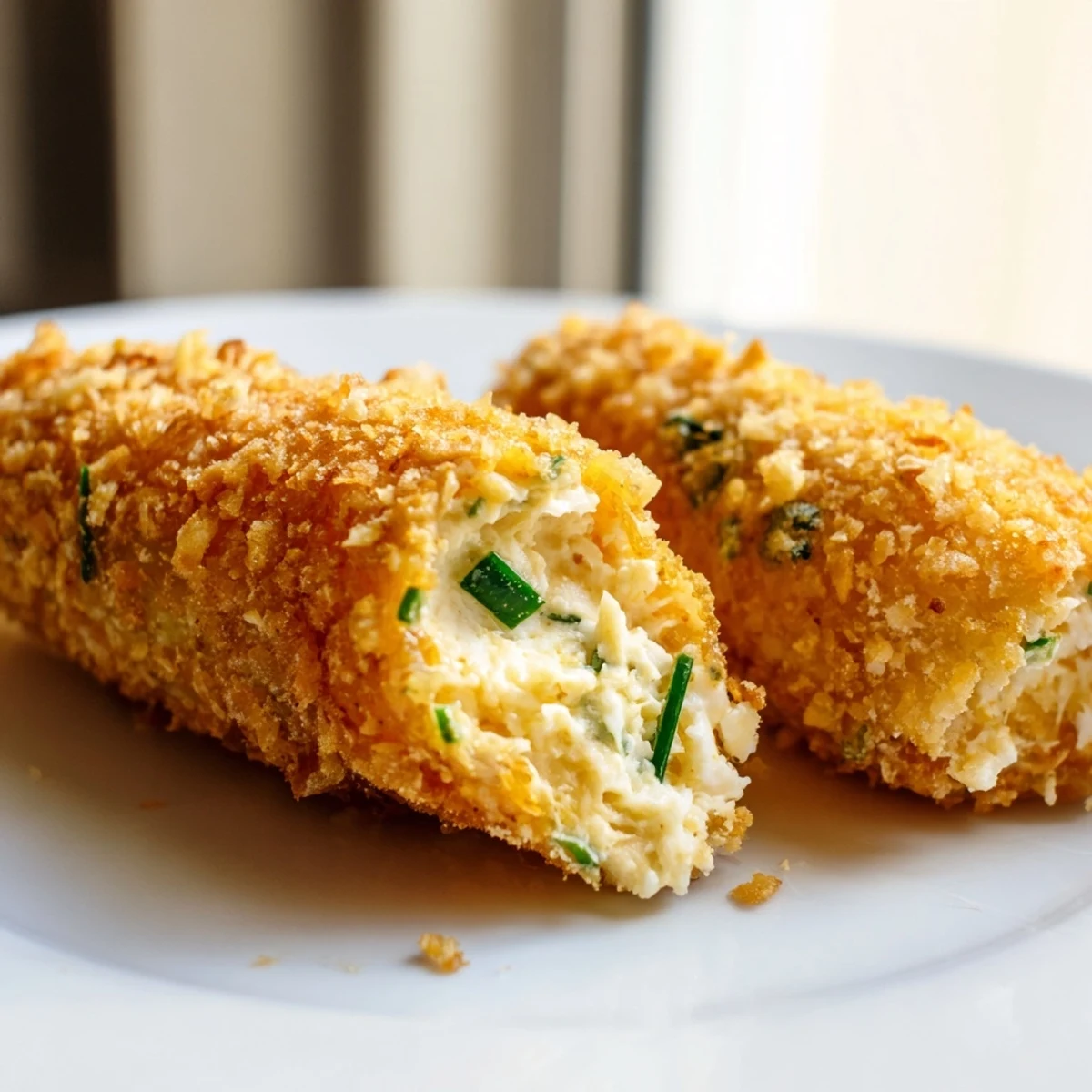 Freshly fried Spicy Jalapeño Poppers with Cream Cheese, bubbling with melted filling and garnished with chopped chives.  