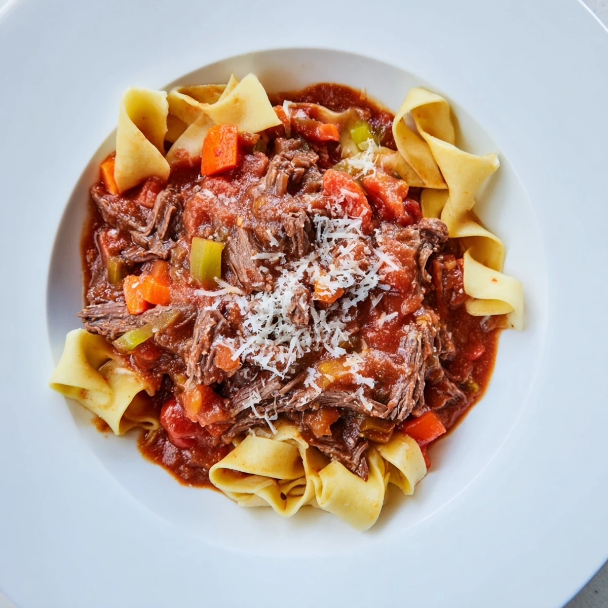 Tender, shredded slow cooker beef ragu spooned over silky pappardelle pasta, topped with Parmesan and fresh basil leaves.