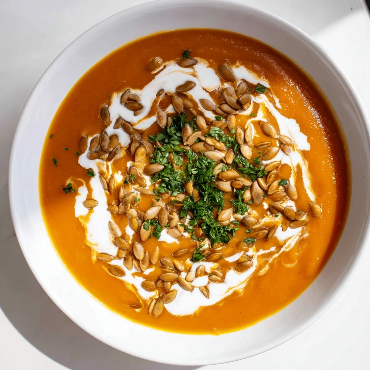 A ladle of velvety Creamy Pumpkin Soup with Toasted Seeds poured beside a warm bread slice.