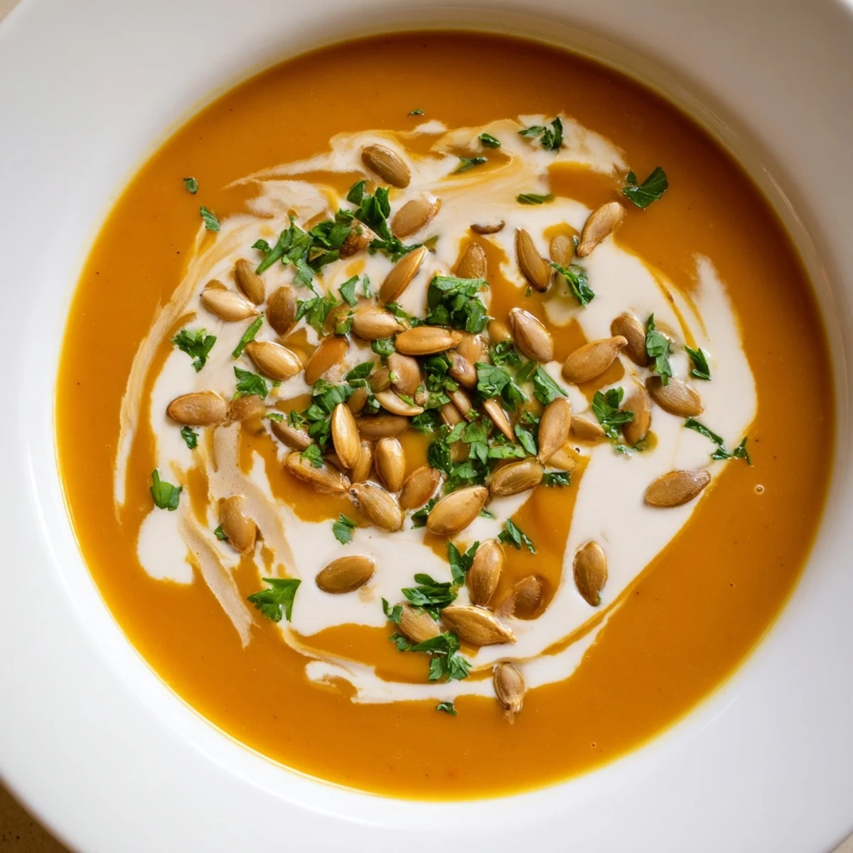 Creamy Pumpkin Soup with Toasted Seeds steaming in a rustic bowl, garnished with golden seeds and fresh chives.