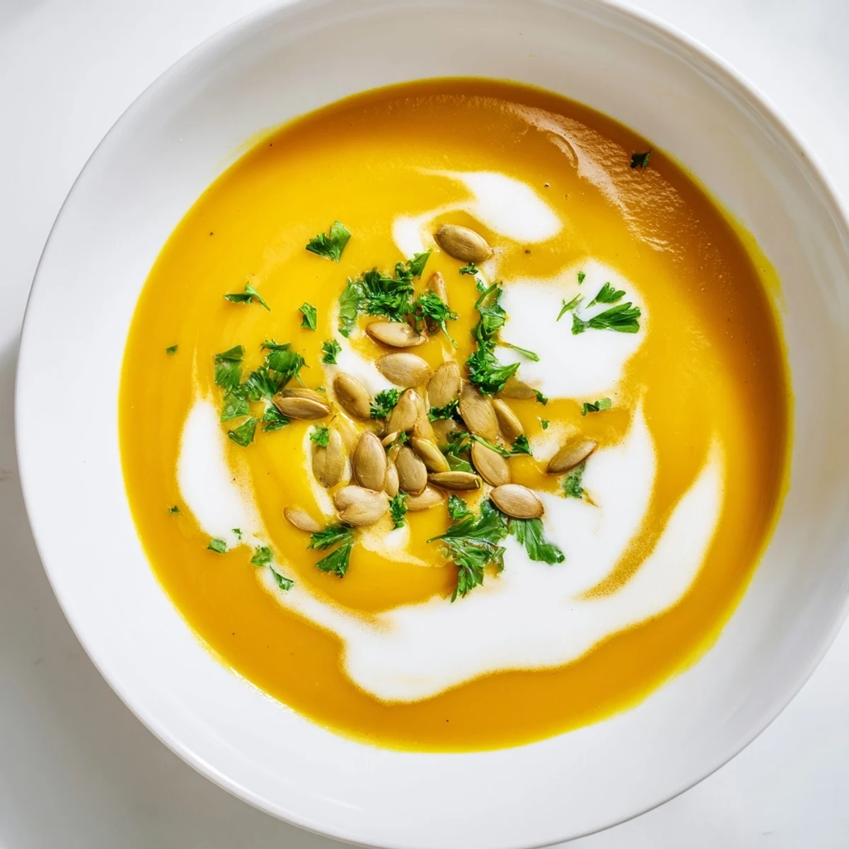 Creamy Pumpkin Soup with Toasted Seeds topped with crunchy seeds and parsley, served in a cozy bowl.
