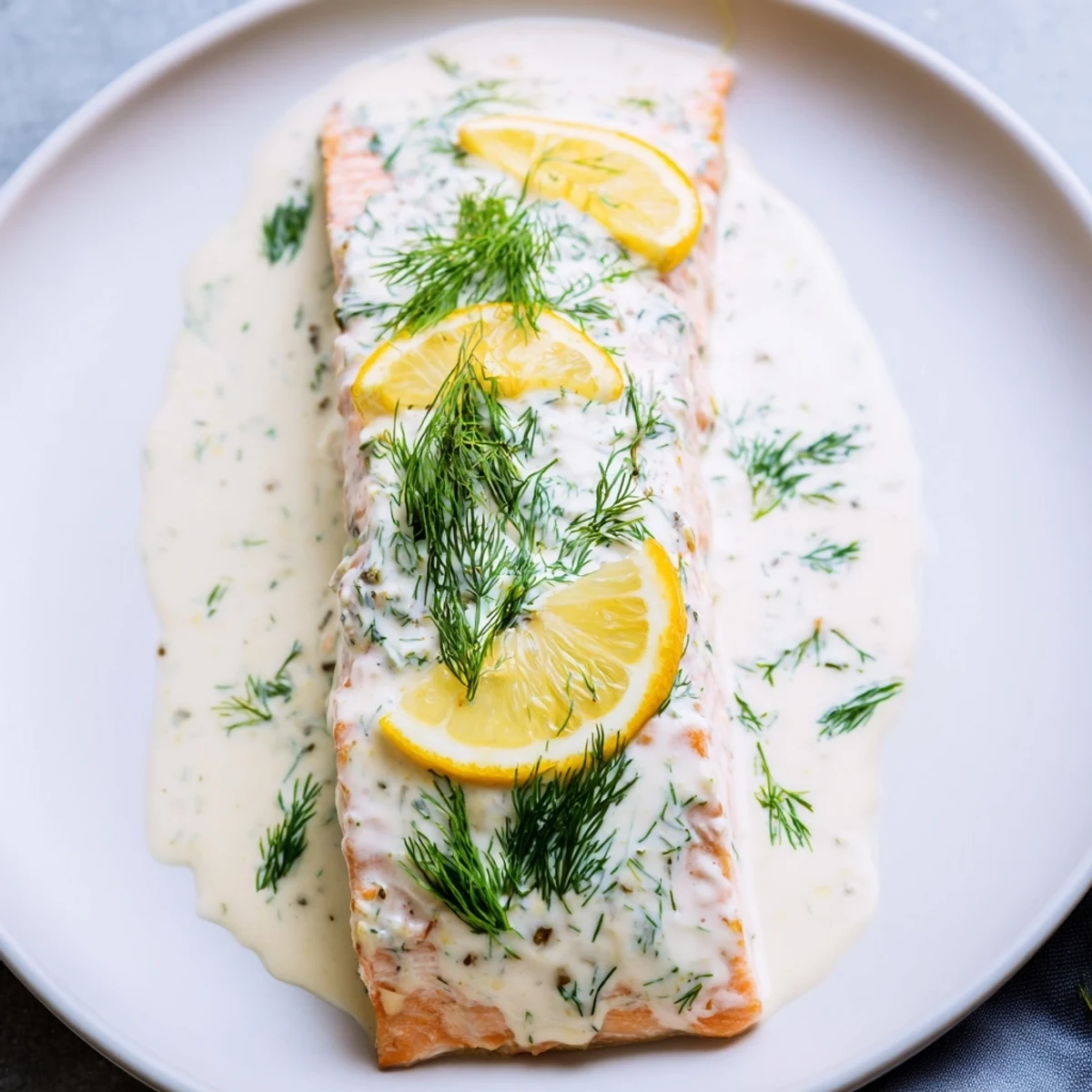 Freshly baked salmon fillets glisten under a drizzle of creamy dill and lemon sauce, ready to serve.