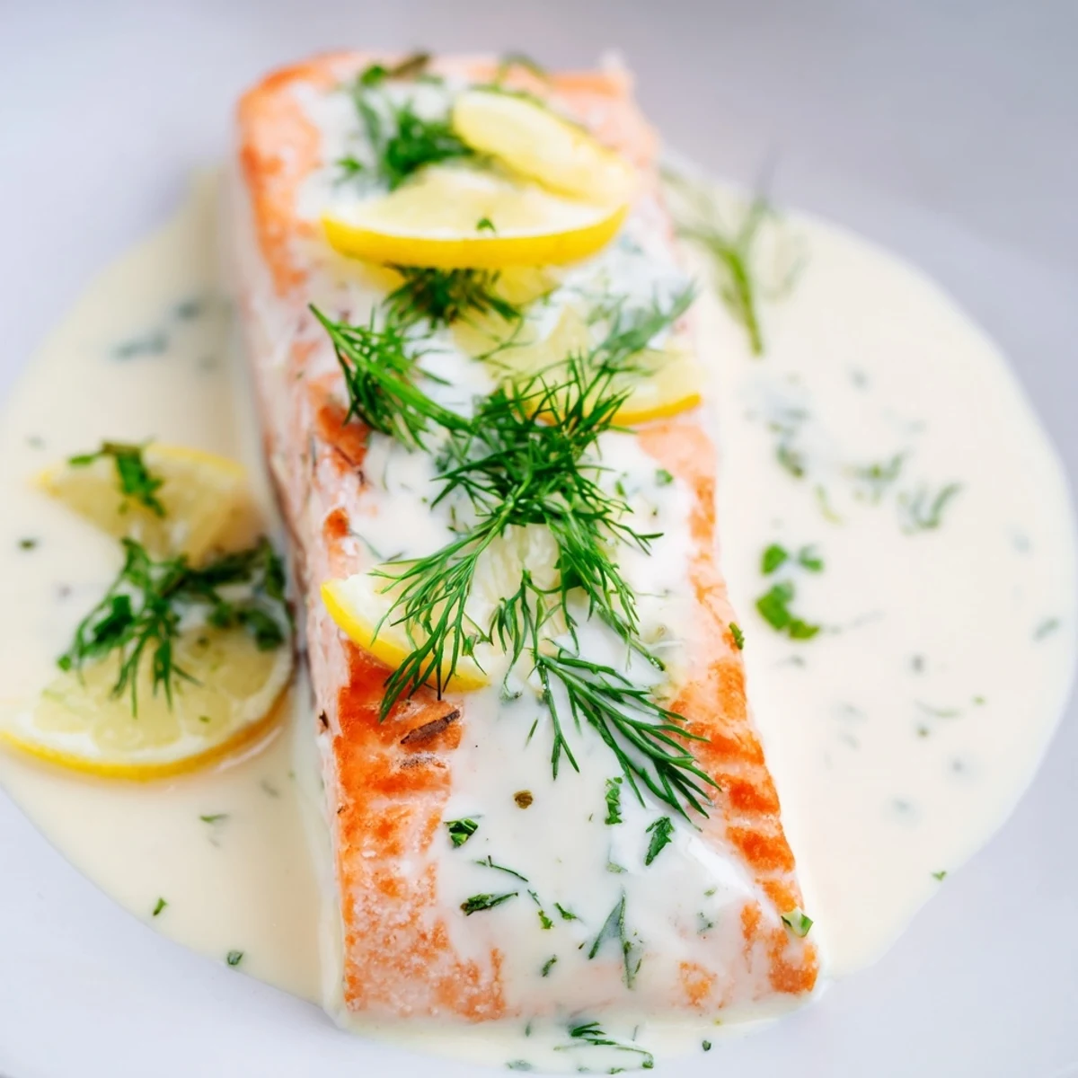 A close-up of tender Baked Salmon with Dill and Lemon Sauce garnished with lemon slices and fresh herbs.