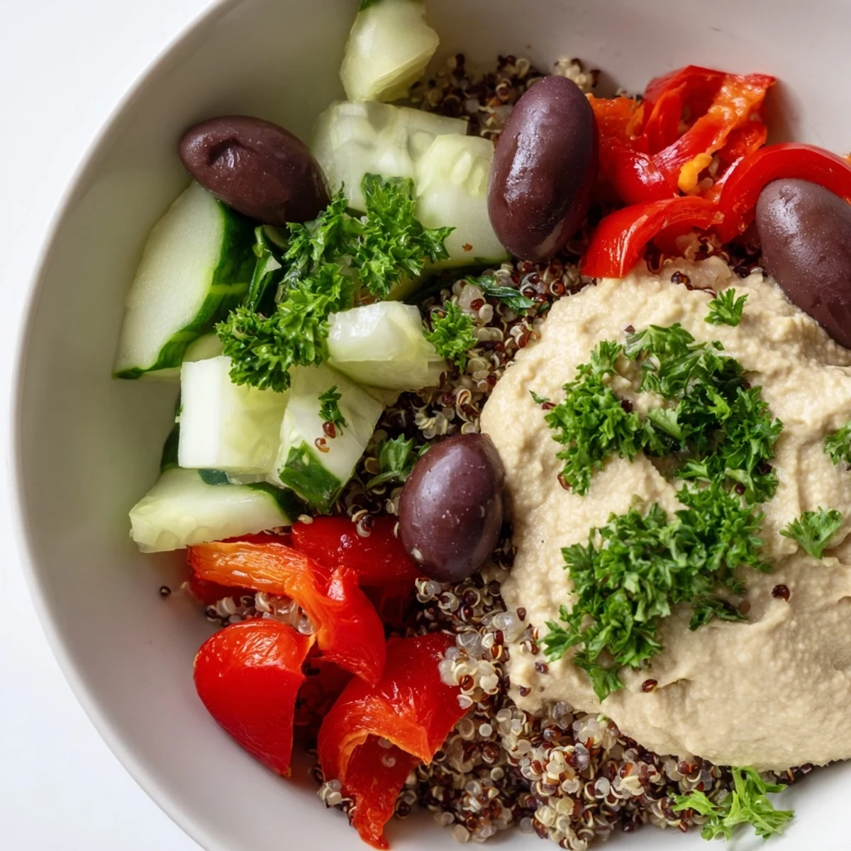 A colorful Mediterranean Quinoa Bowl topped with creamy hummus, fresh vegetables, and crumbled feta cheese on a white plate.