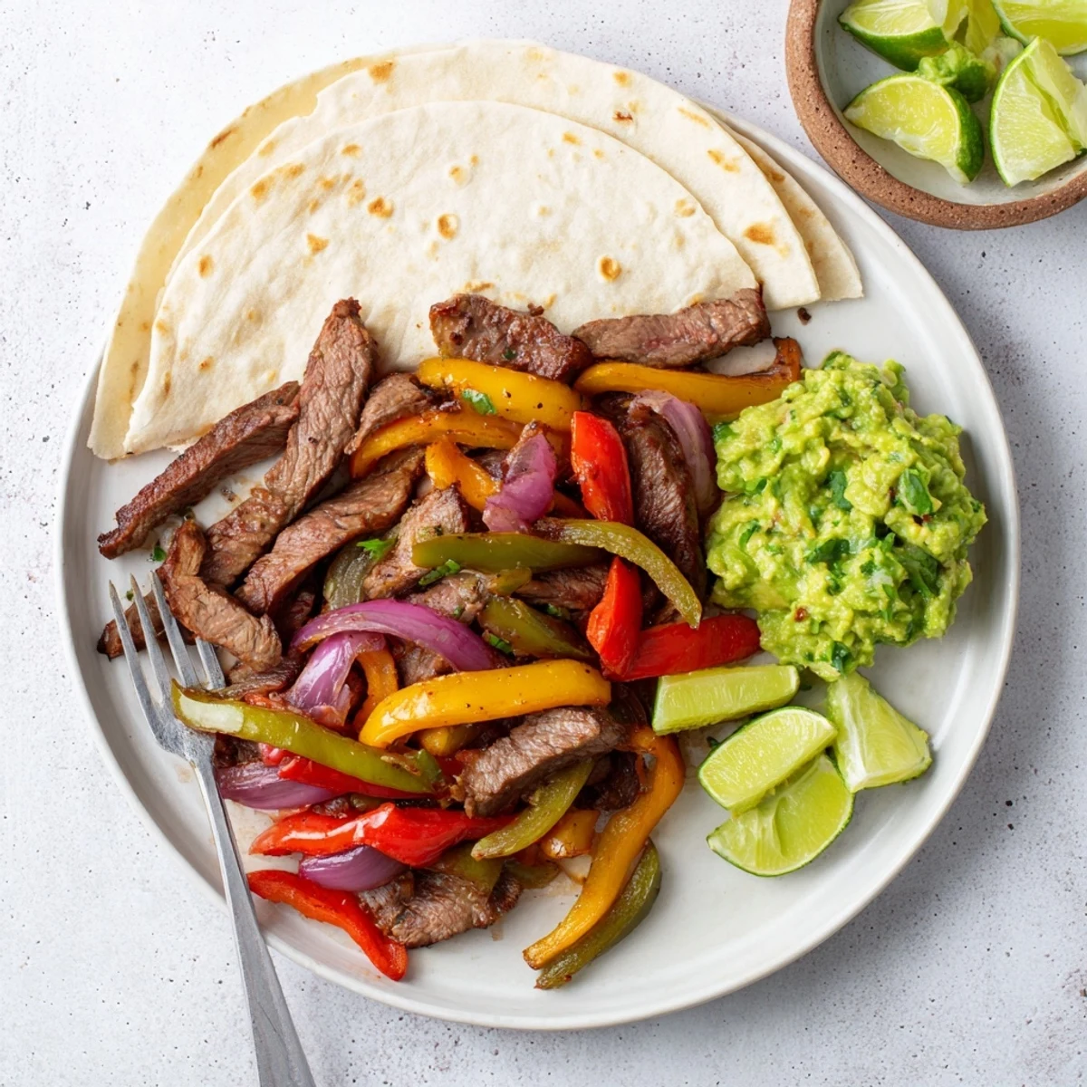 Sizzling strips of marinated beef with colorful bell peppers and onions, served in warm tortillas topped with creamy guacamole.