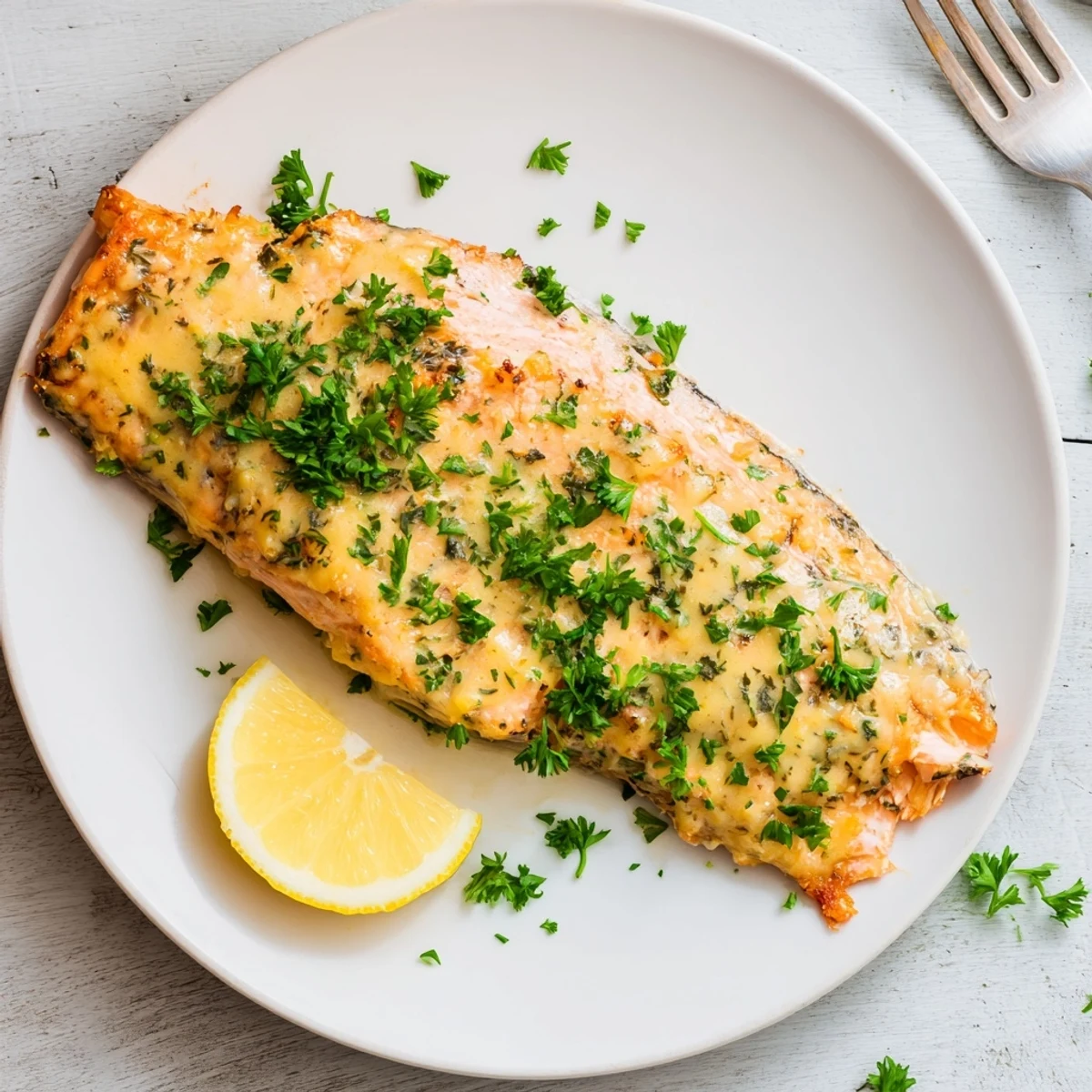 A close-up view of tender flaky salmon coated in a sweet and tangy honey mustard sauce, ready to be served.  