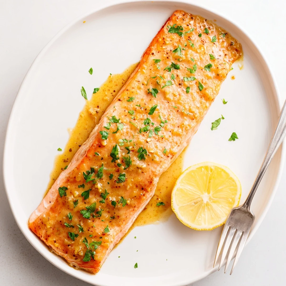 Golden-brown baked salmon fillets glistening with a sticky honey mustard glaze, garnished with fresh parsley and lemon wedges on a white plate.  