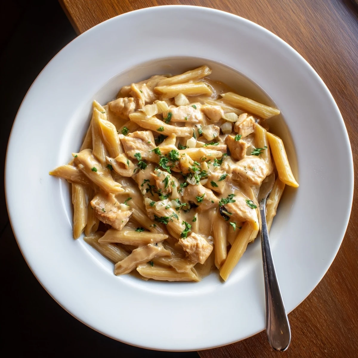A close-up of Creamy Chicken Alfredo with Penne, garnished with fresh parsley and extra grated cheese.  
