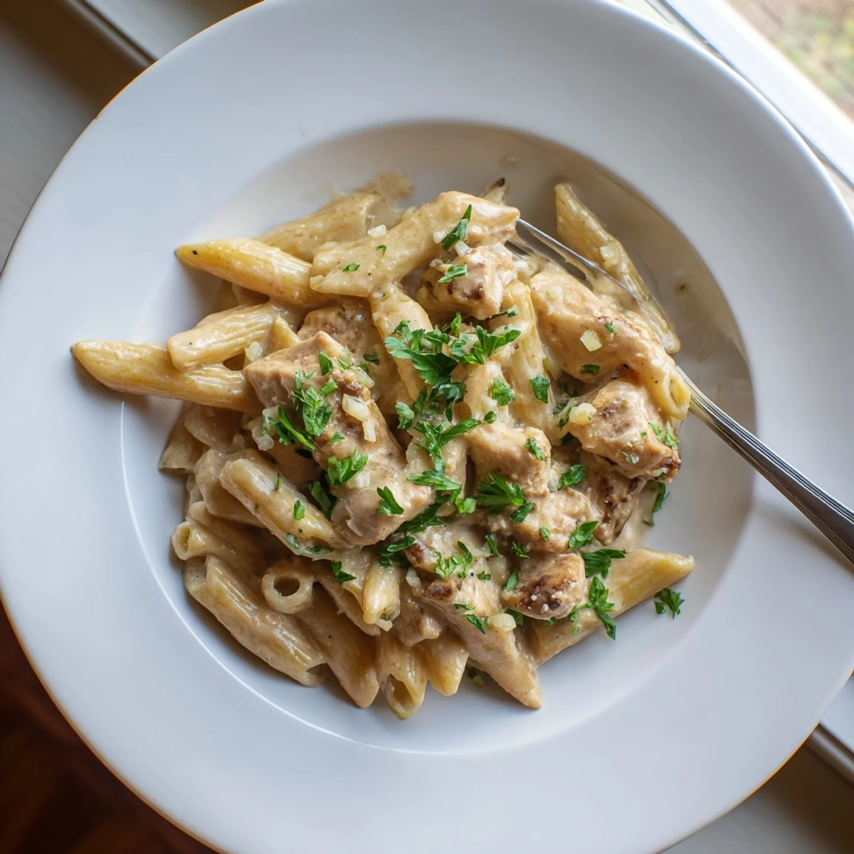 Creamy Chicken Alfredo with Penne features golden chicken and al dente pasta tossed in a velvety Parmesan sauce.  