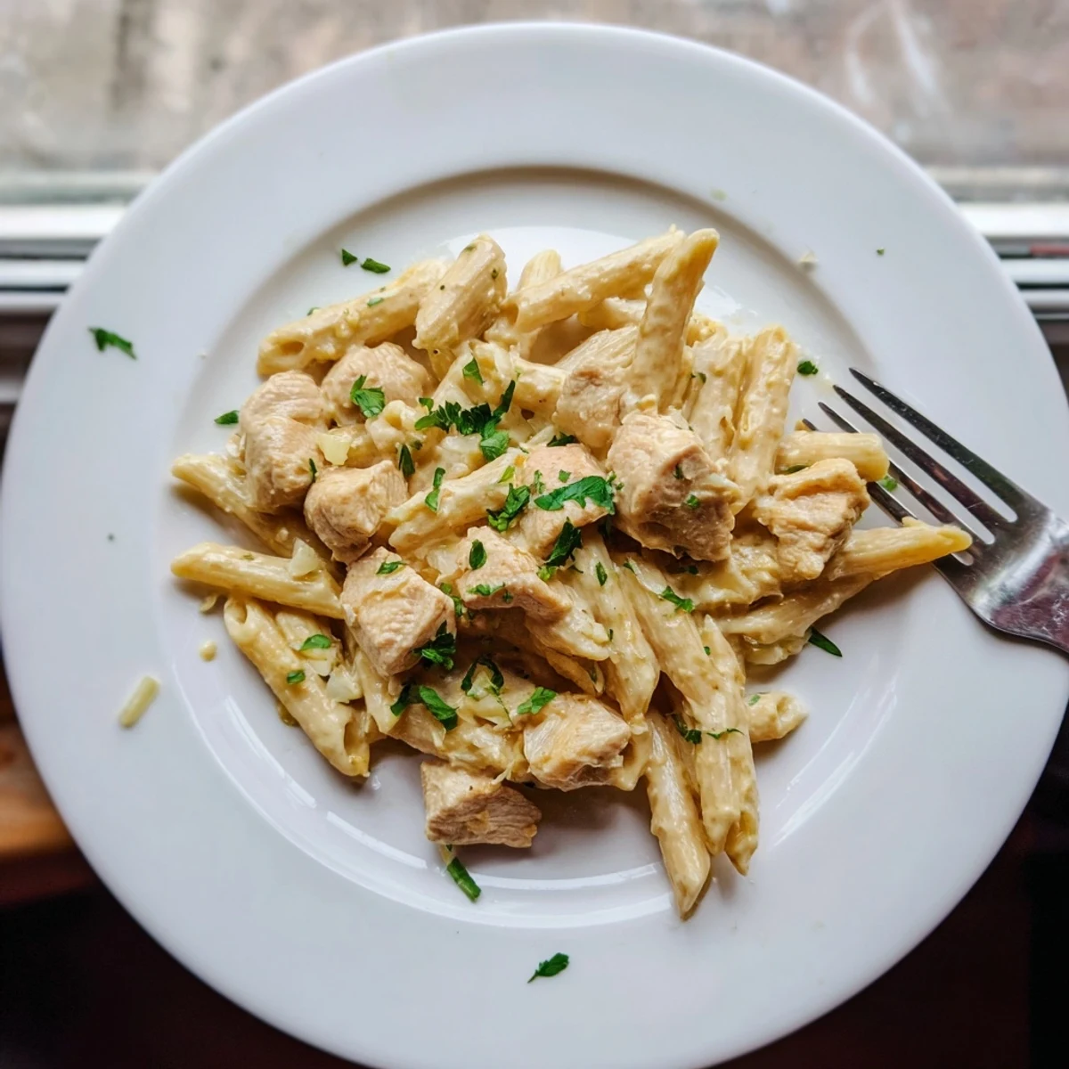 Creamy Chicken Alfredo with Penne plated beside a glass of white wine, perfect for a cozy dinner.