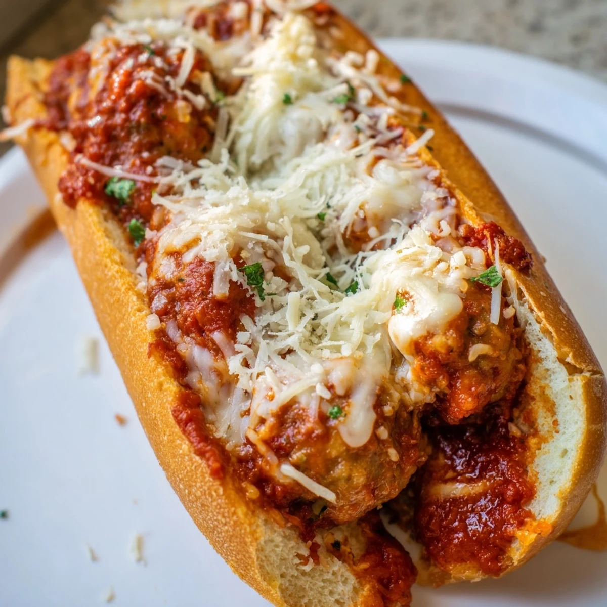 Juicy turkey meatballs and marinara sauce fill a toasted sub roll, generously covered in melted mozzarella and fresh basil for a classic Italian-American sandwich.