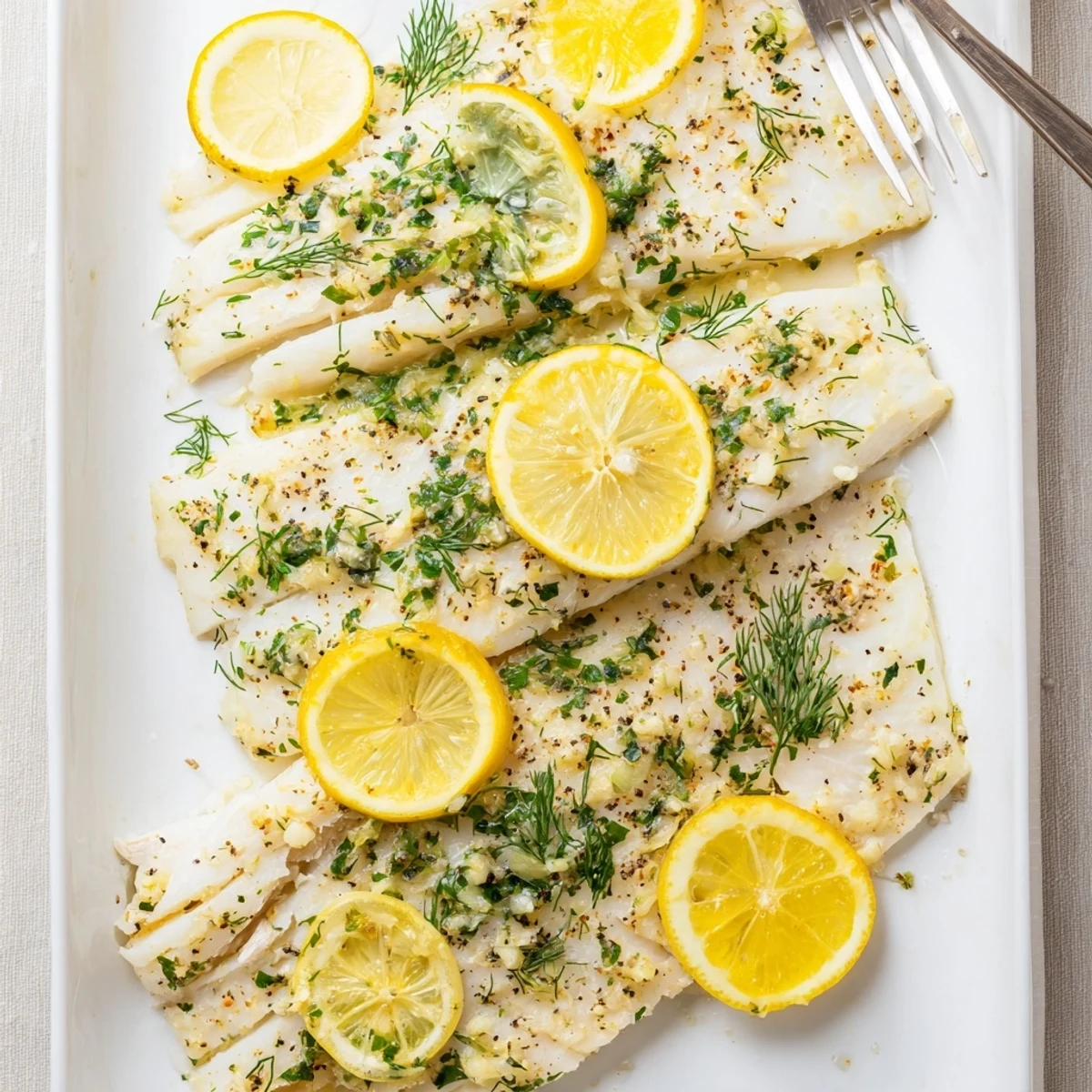 Golden-brown baked halibut fillets topped with fresh herbs, melted butter, and bright lemon slices on a white plate.  