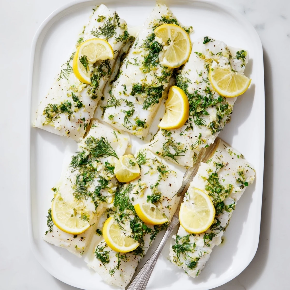 Tender baked halibut with herbs and butter, served alongside steamed asparagus and roasted potatoes.  
