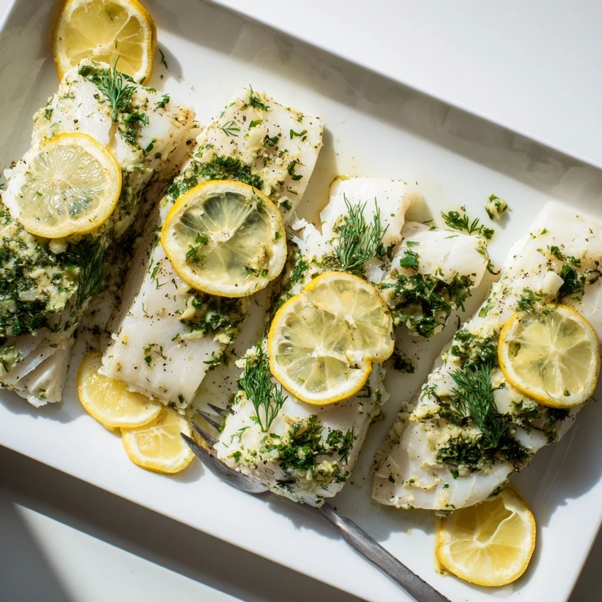 A close-up of baked halibut with herbs and butter, showing flaky white fish garnished with parsley and chives.