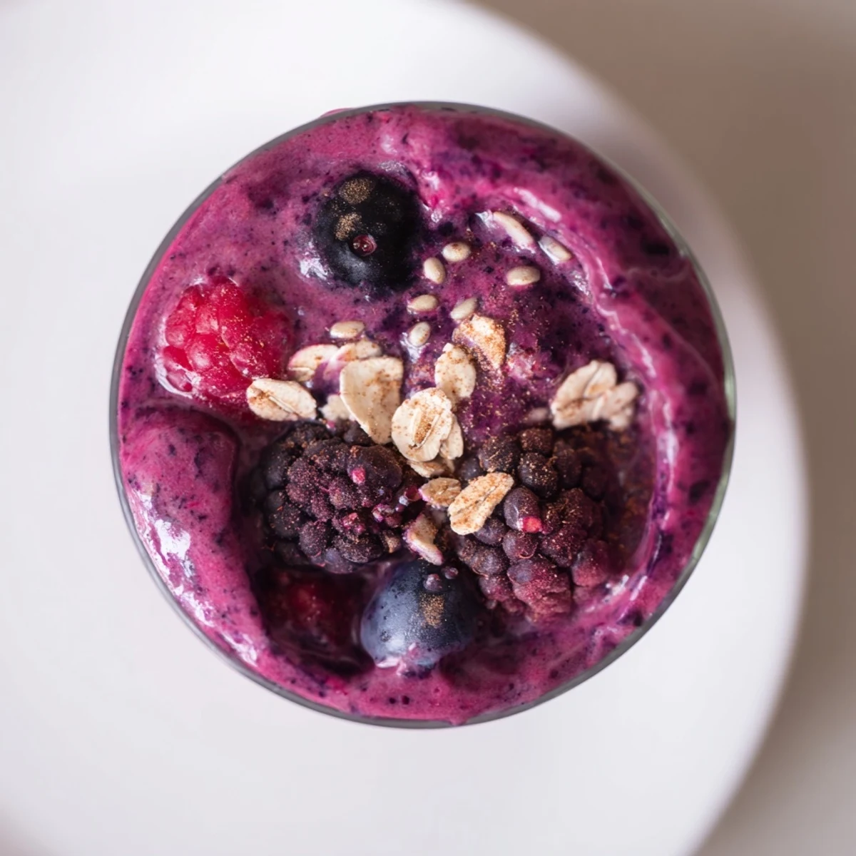 Steaming mugs flank the Winter Smoothie Blend with Berries, topped with oats and chia seeds on a cozy winter table.