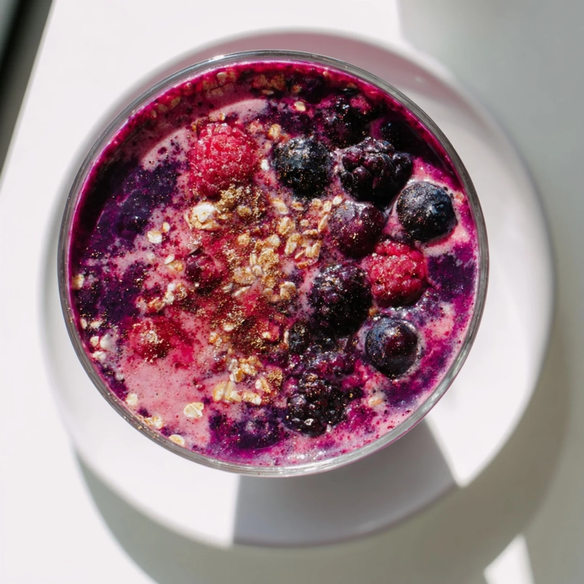 Close-up of the creamy Winter Smoothie Blend with Berries in a glass, garnished with sliced apple and a honey drizzle.