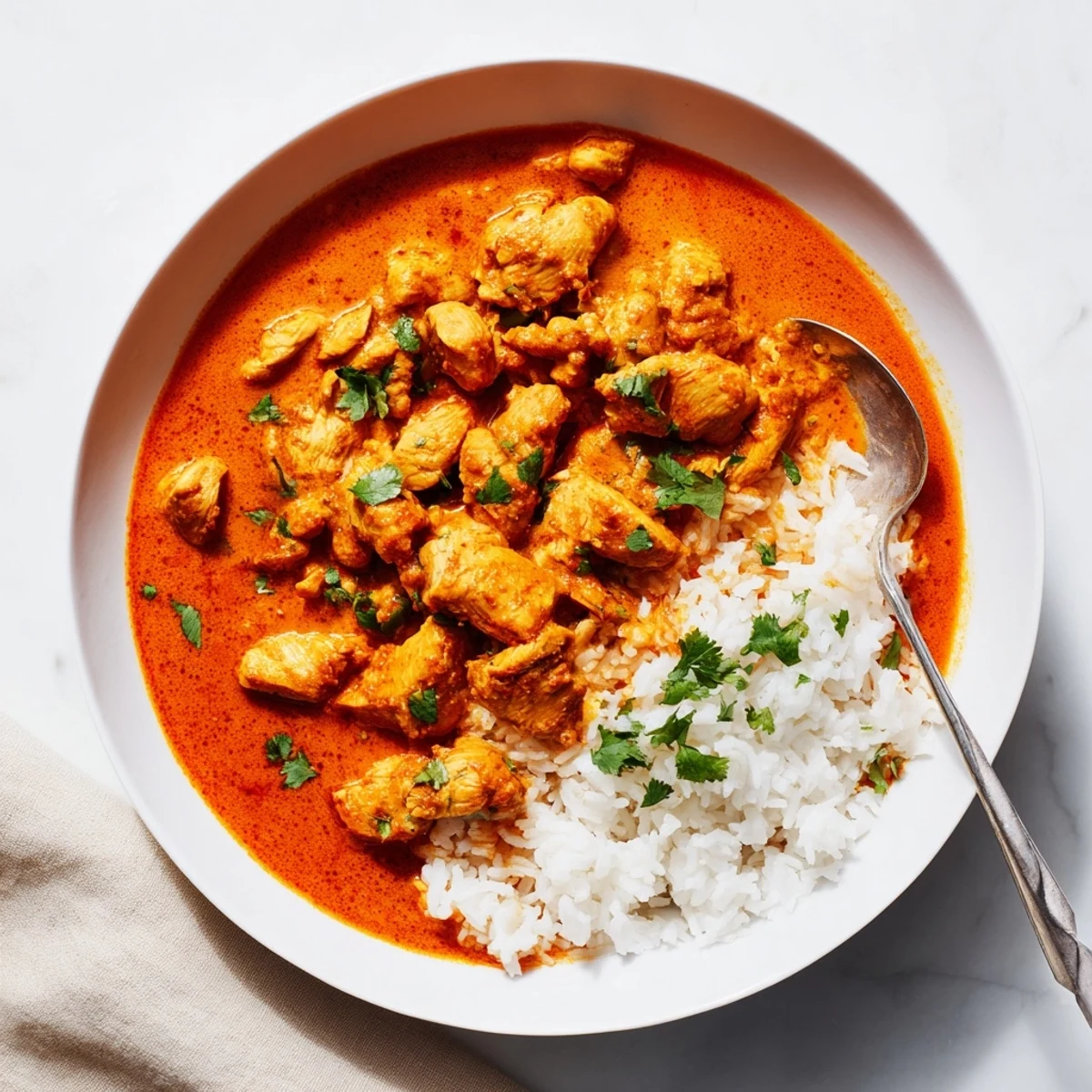 Sizzling spicy curry chicken in a deep skillet, featuring tender chunks of chicken thighs in a thick tomato-based sauce ready to be served over rice.