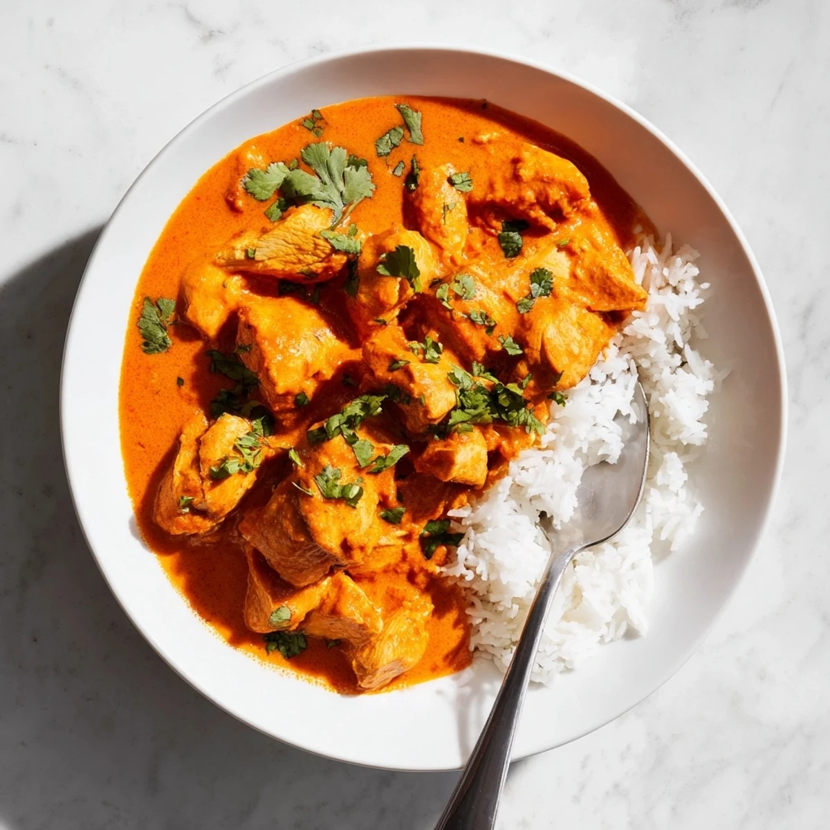 Steam rises from a bowl of spicy curry chicken with rice, with a golden-brown naan bread slice and a spoonful of creamy curry on the side.
