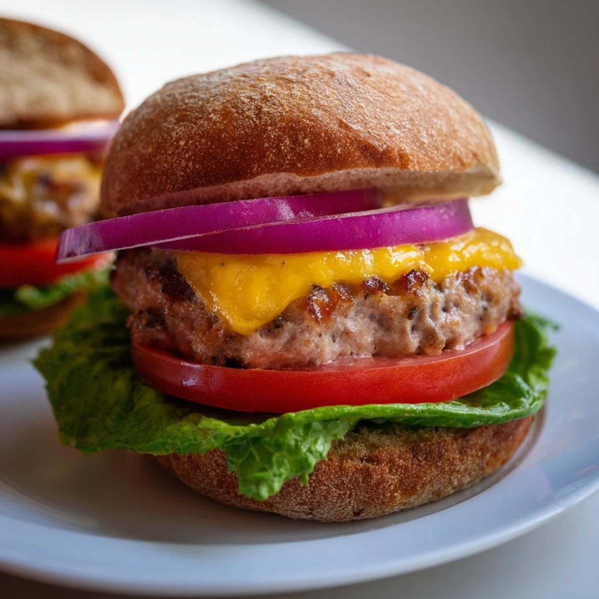 Juicy turkey burger topped with melted cheddar and crisp lettuce, alongside golden baked sweet potato fries on a rustic plate.