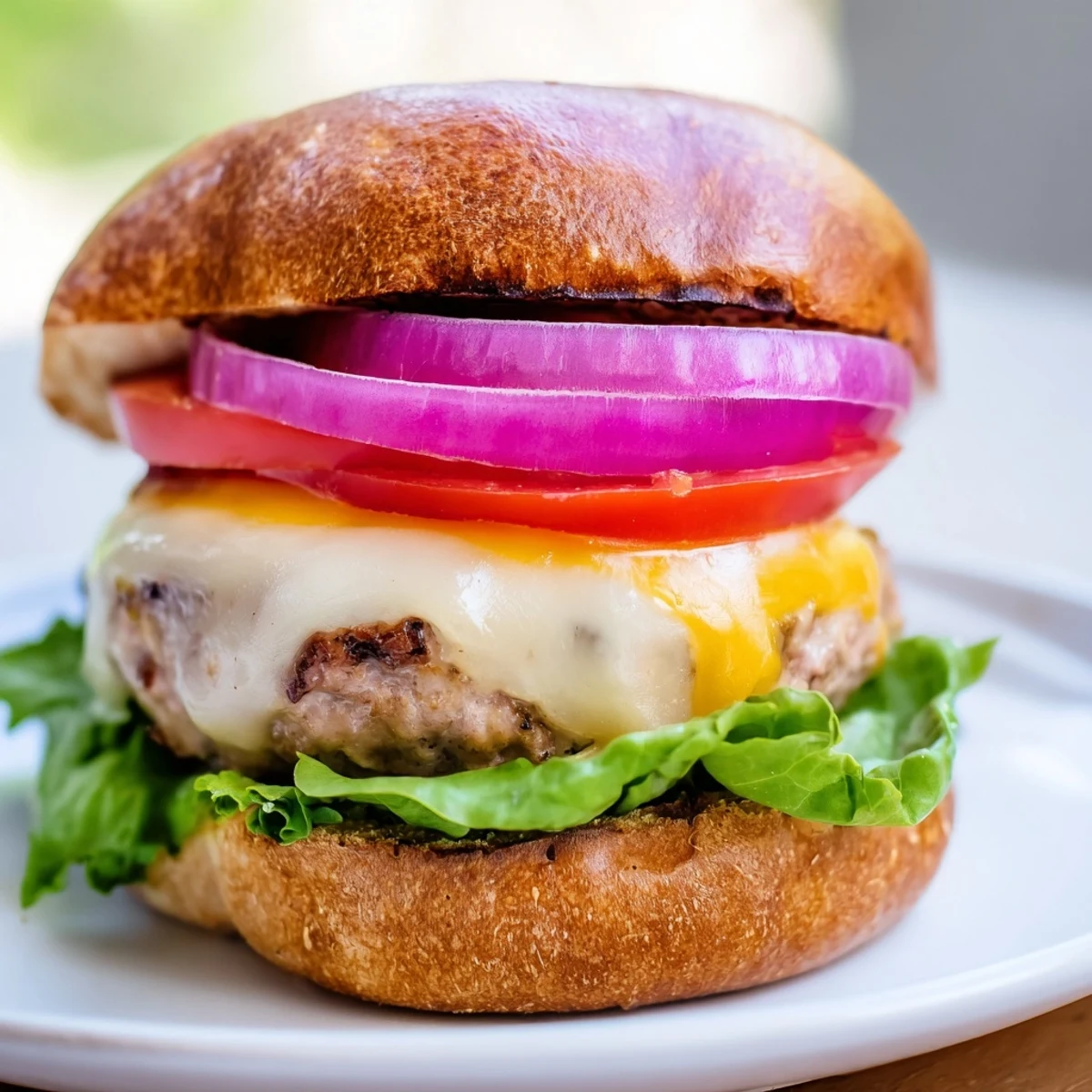 Sizzling turkey burger patty with charred edges sits on a toasted bun beside a generous pile of seasoned sweet potato fries.