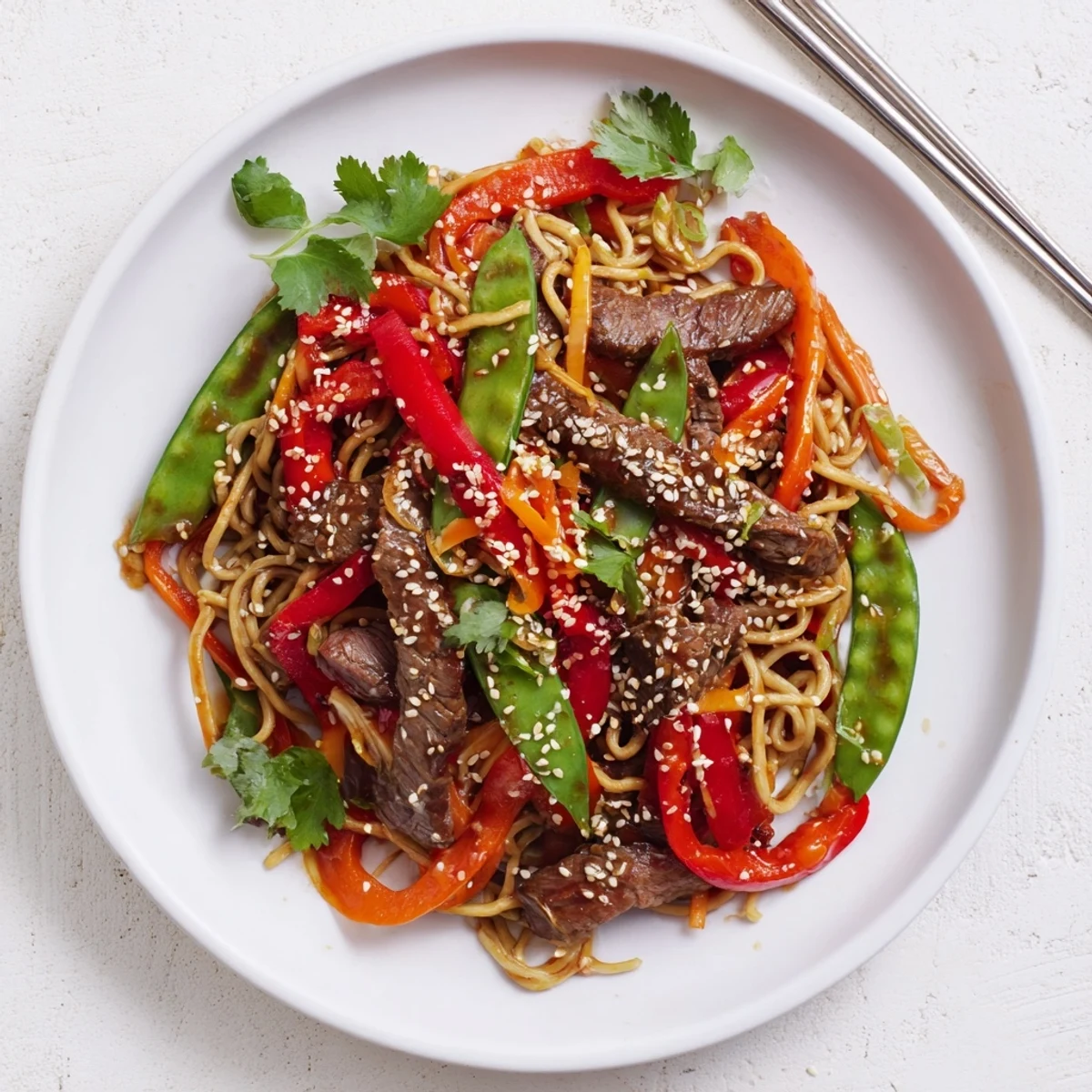 Spicy Beef Stir Fry with Noodles in a bowl, with lime wedges and vibrant red bell peppers.