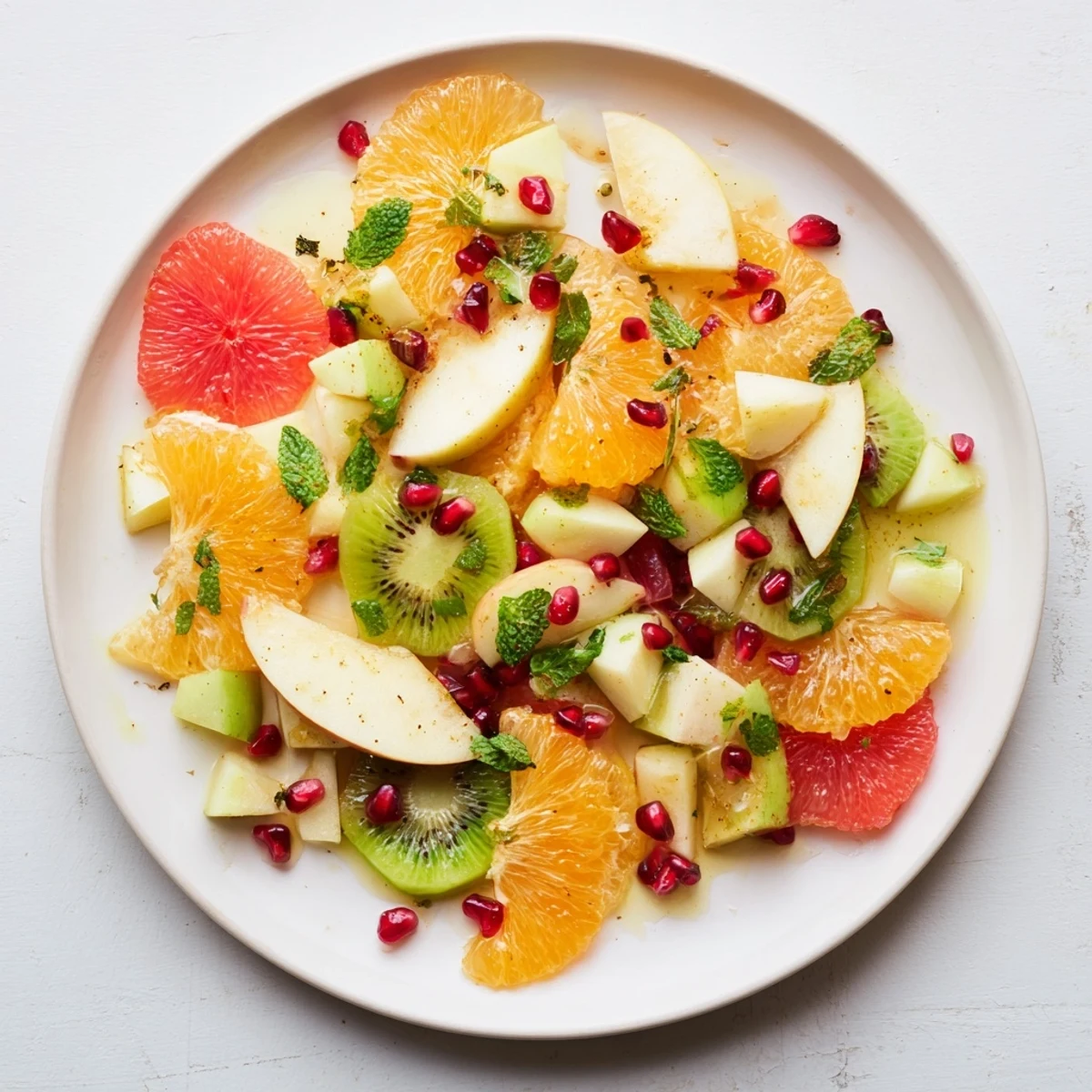 A vibrant Winter Fruit Salad with Mint features segmented oranges, grapefruit, and pomegranate seeds glistening with a light citrus dressing in a bright serving bowl.