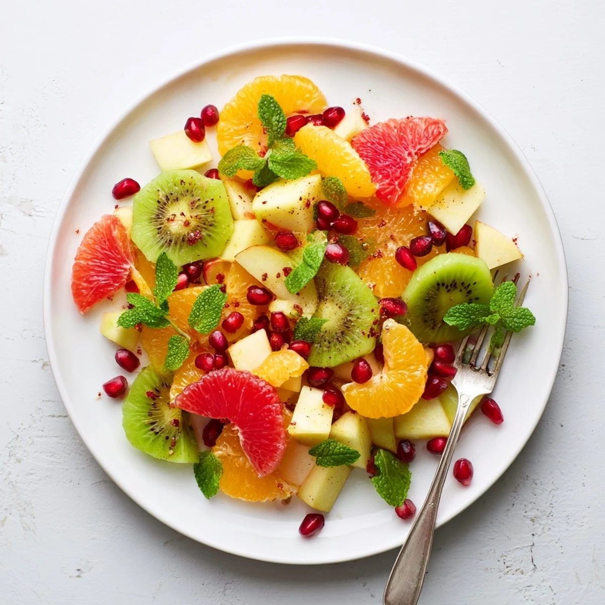 Freshly chopped mint is tossed into a colorful Winter Fruit Salad, where sliced kiwis, apples, and pears mingle with juicy citrus segments for a refreshing bite.
