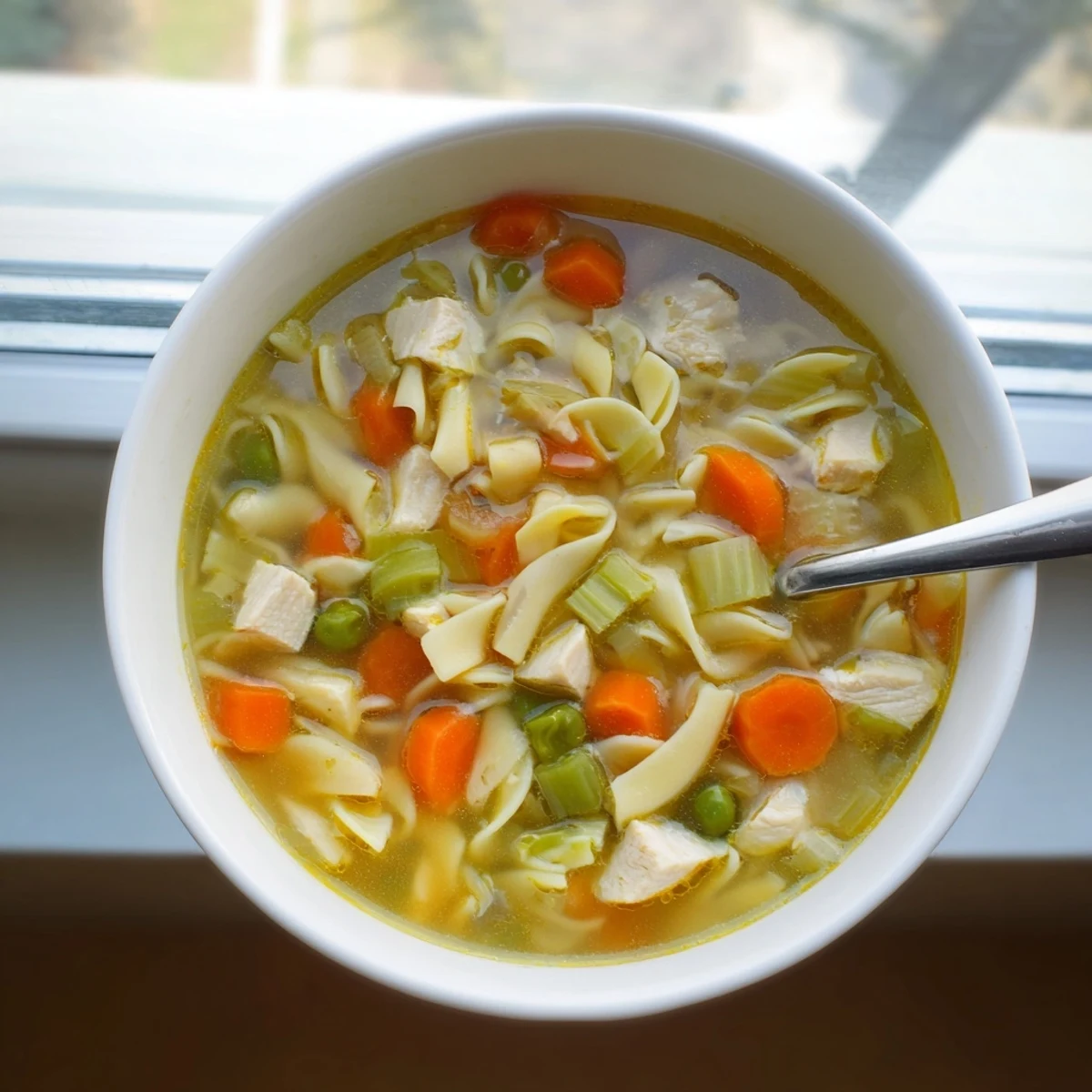 A steaming bowl of Chicken Noodle Soup with Veggies featuring tender chicken, carrots, celery, and peas in a rich golden broth.