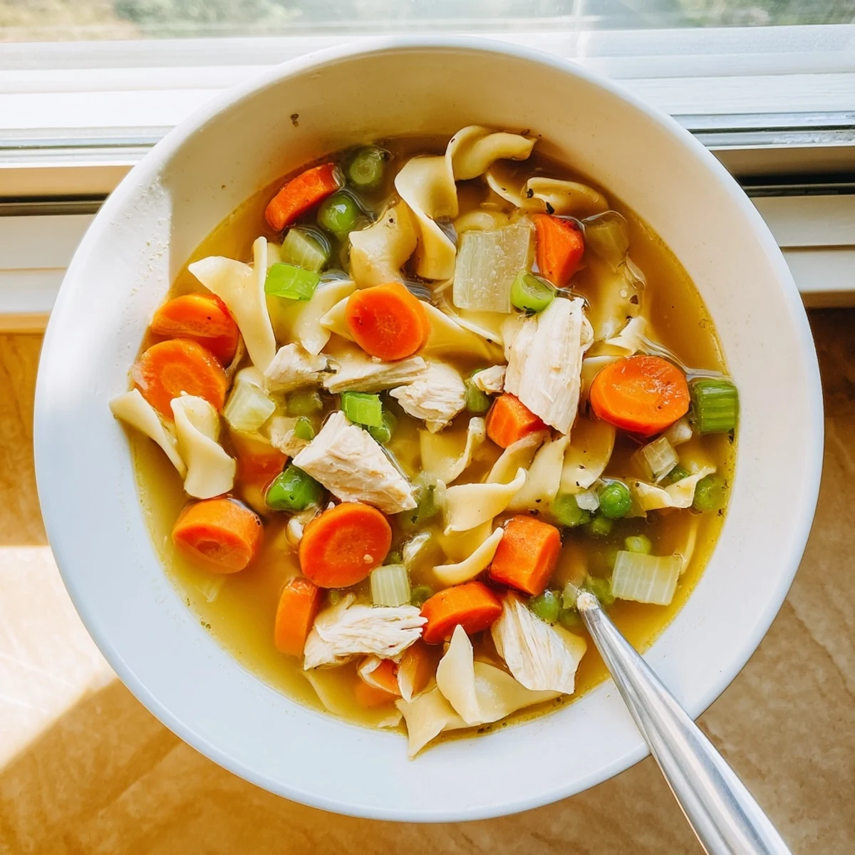 Close-up of Chicken Noodle Soup with Veggies, showing egg noodles, diced chicken, and fresh vegetables glistening in the flavorful broth.