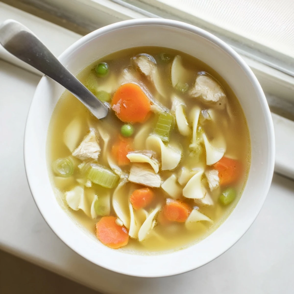 Hearty Chicken Noodle Soup with Veggies served in a rustic mug, steam rising from the savory broth with green beans and noodles.