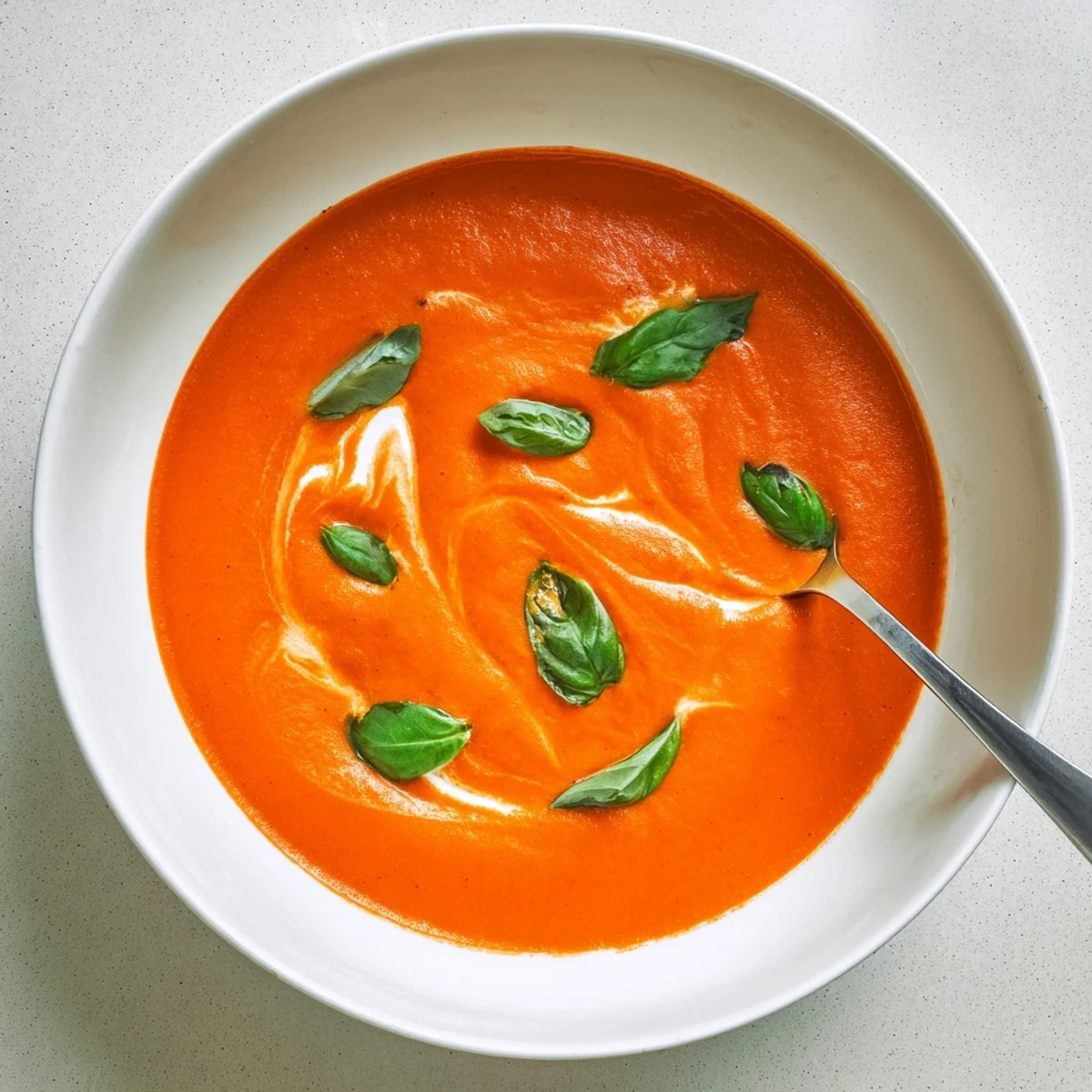 Creamy Tomato Soup with Basil in a white bowl garnished with fresh basil and a swirl of cream.