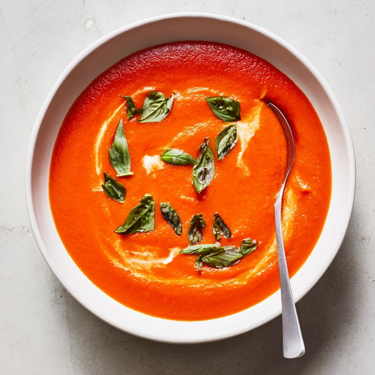 Homemade Creamy Tomato Soup with Basil served steaming hot with a grilled cheese sandwich for dipping.