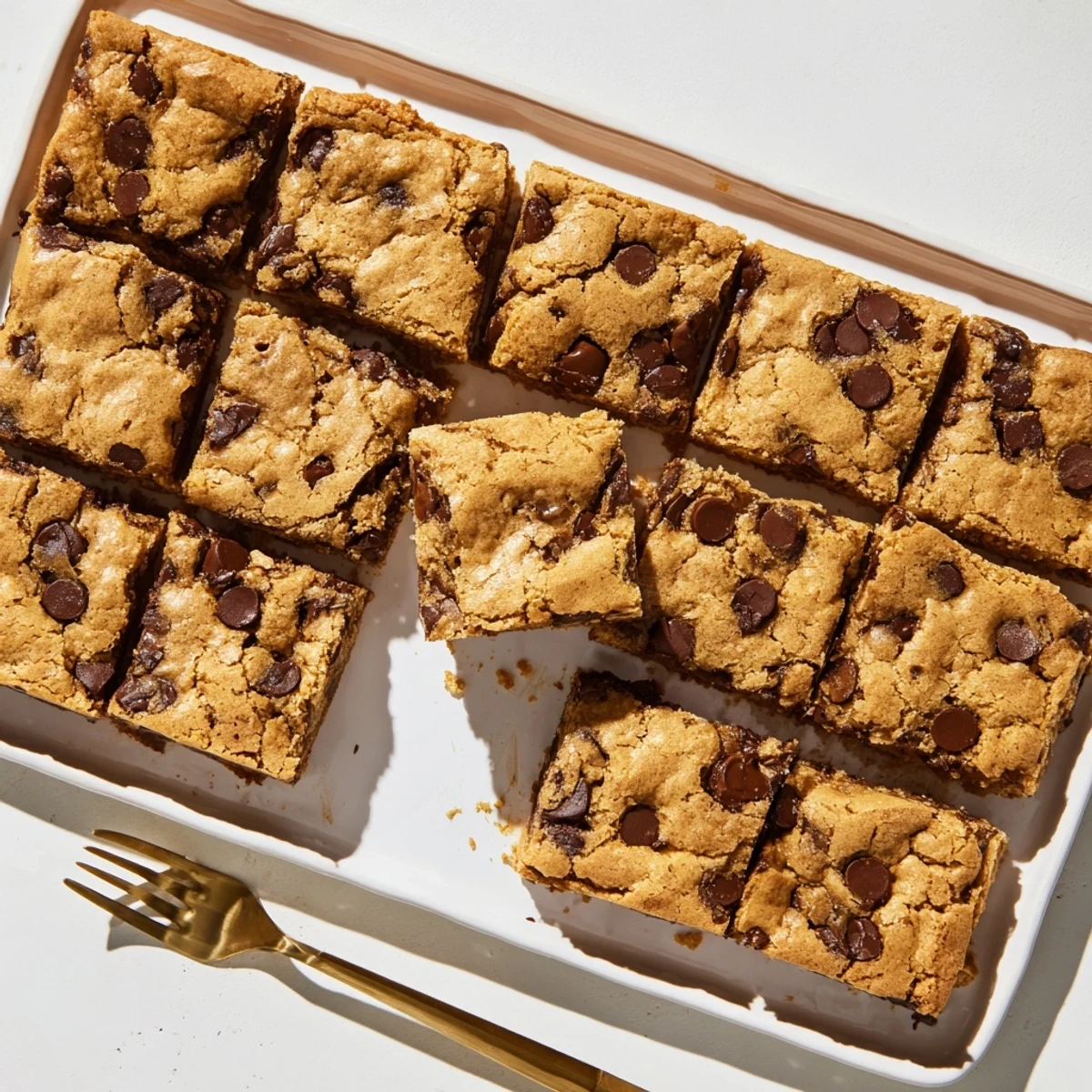Gooey chocolate chip cookie bars with golden edges, sliced on a wooden board for a family-friendly dessert.  