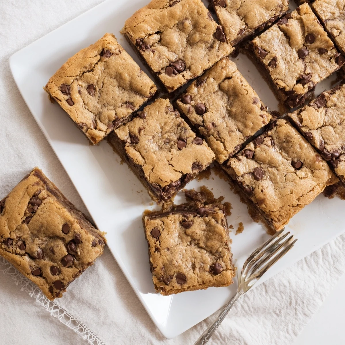 Freshly baked chocolate chip cookie bars served warm, with a glass of milk on the side.  
