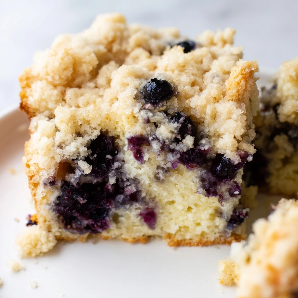 Freshly baked Lemon Blueberry Coffee Cake with a golden crumb topping and juicy blueberries in a rustic pan.