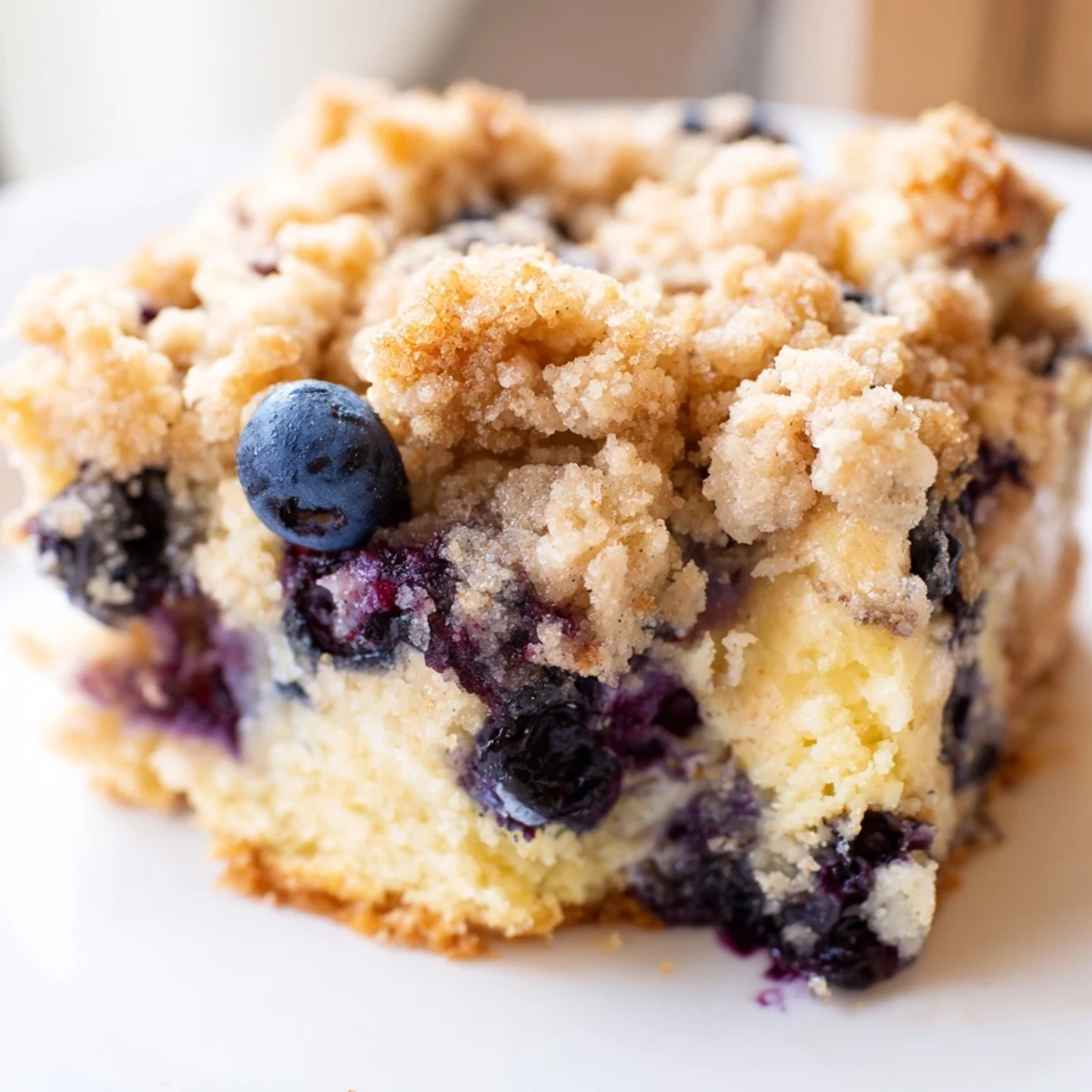 A slice of Lemon Blueberry Coffee Cake drizzled with lemon glaze, served with coffee on a linen napkin.