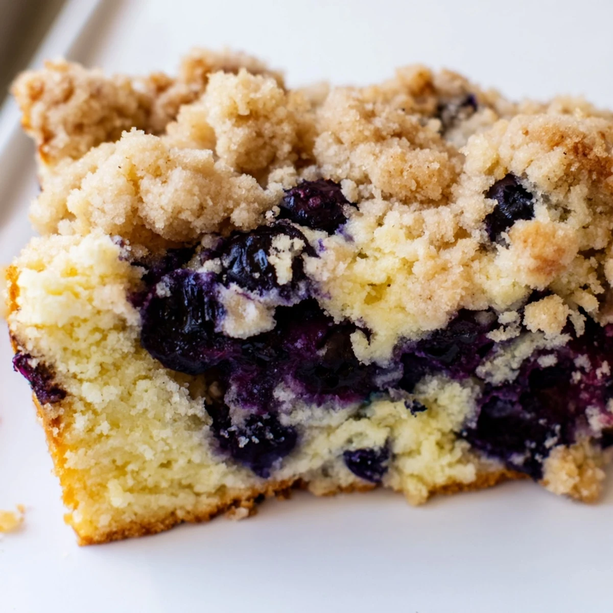 Close-up of warm Lemon Blueberry Coffee Cake revealing moist crumb, zesty lemon, and bursting blueberries on a marble slab.